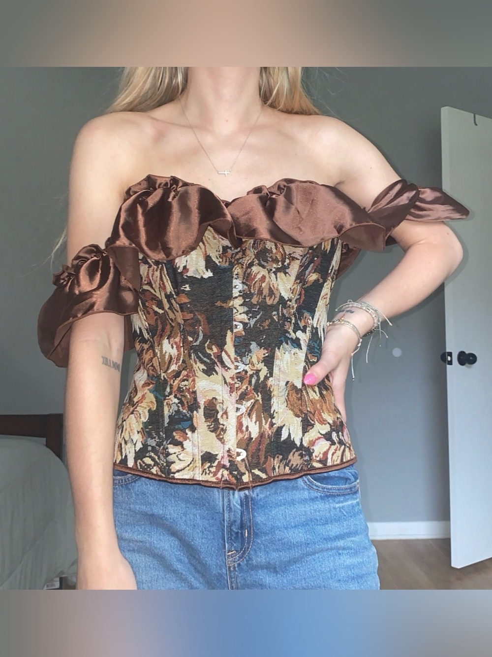 Amazon Floral Off-Shoulder Corset Top in Brown